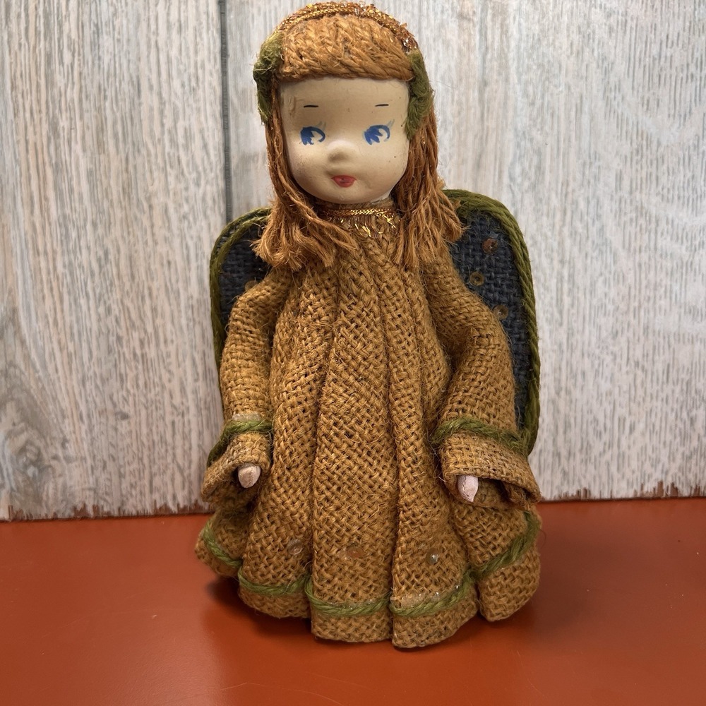 Rare VINTAGE 8" Angel Christmas Tree Topper Chalk Head Burlap Gown Yarn Hair